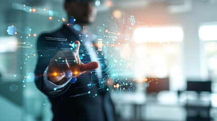 A business leader giving a presentation with interactive holographic elements, business, holograms, blurred background, with copy space