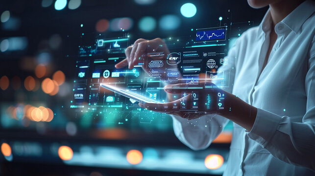 A digital marketing expert analyzing a holographic social media dashboard, business, holograms, blurred background, with copy space