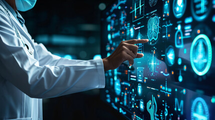 A healthcare administrator interacting with a holographic medical records system, business, holograms, blurred background, with copy space - obrazy, fototapety, plakaty