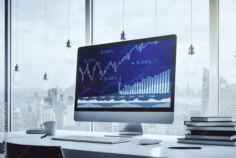 Poster modern computer monitor with abstract creative financial chart, research and strategy concept. 3d re
