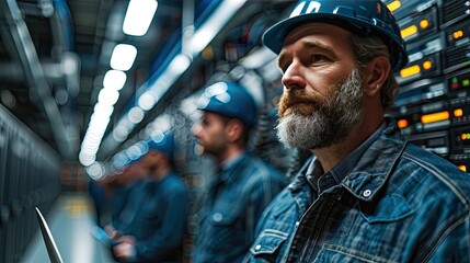 Portrait of IT Specialist Uses Laptop Specialist Uses Laptop in Data Center. Server Farm Cloud Computing Facility with Male Maintenance Administrator Working on Cyber Security and Network Protection