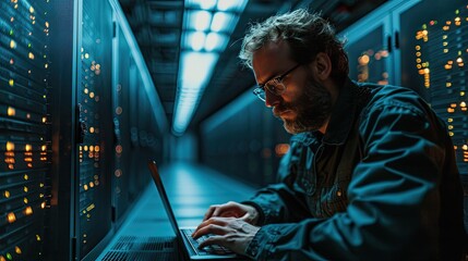 Portrait of IT Specialist Uses Laptop Specialist Uses Laptop in Data Center. Server Farm Cloud Computing Facility with Male Maintenance Administrator Working on Cyber Security and Network Protection