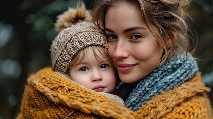 mom and baby hug together and smile little bit