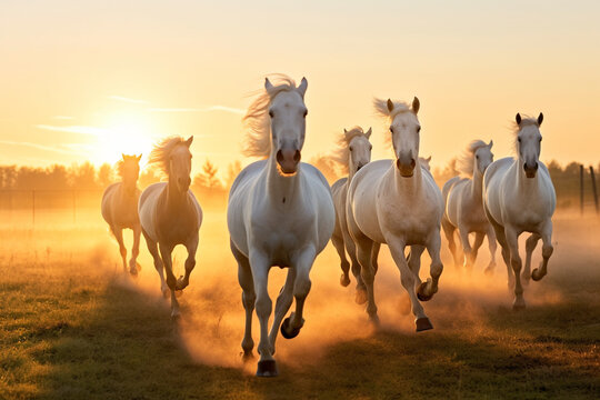 A herd of white horses runs across the meadow at sunset.
