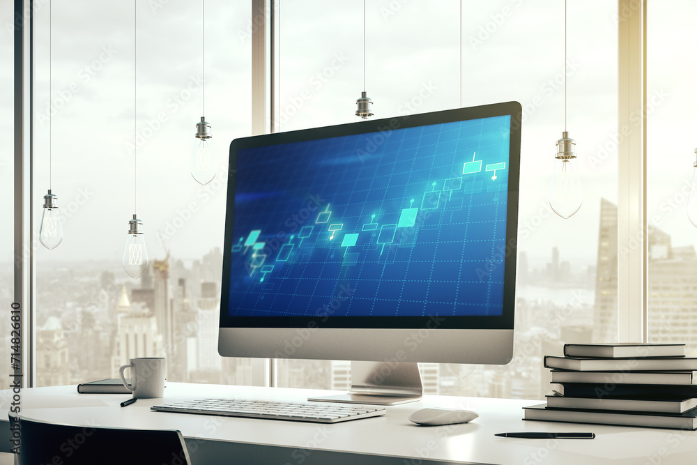 Poster modern computer screen with abstract financial diagram, banking and accounting concept. 3d rendering