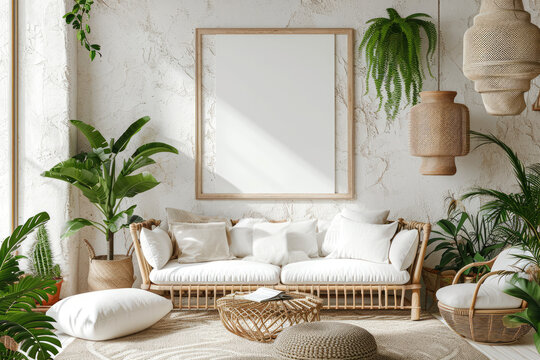 Mock up frame in a large living room interior backdrop, white room with natural wooden furnishings and many plants