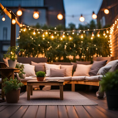terrace with outdoor string lights and plants - obrazy, fototapety, plakaty
