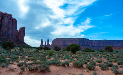 View of the Three Sisters red rocks In Monument Valley, Navajo Nation,  Arizona - Utah