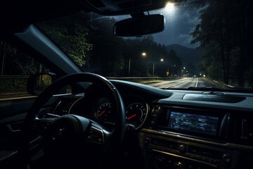 Driving at night highway. Drivers point of view inside car.
