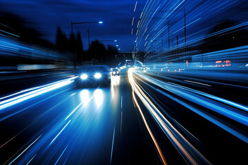 Fototapeta na wymiar Driving at night city. Long exposure, blurred street and cars lights.