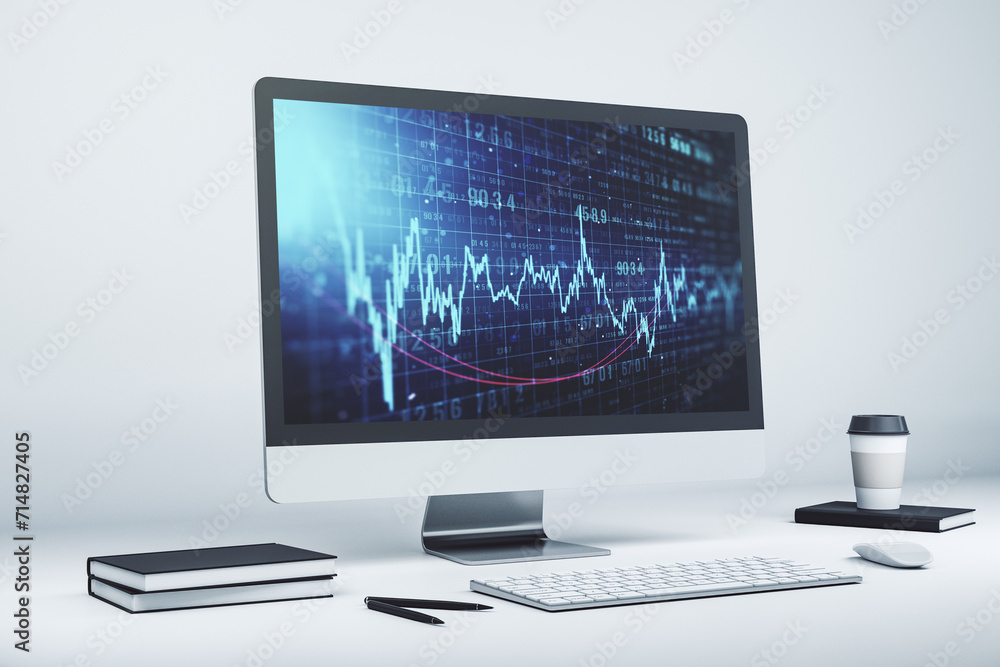Poster modern computer display with abstract financial graph, financial and trading concept. 3d rendering