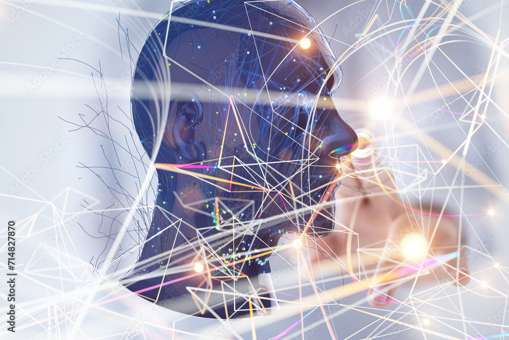 Poster Global network. Blockchain. 3D illustration. Neural networks and artificial intelligence. Abstract