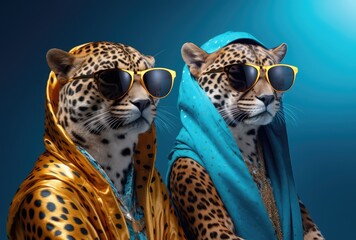 Two leopard fashion models showcasing trendy style while wearing stylish sunglasses. These cute anthropomorphic animals bring a playful and fashionable vibe to the scene. - obrazy, fototapety, plakaty