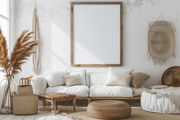 Mock up frame in a large living room interior backdrop, white room with natural wooden furnishings