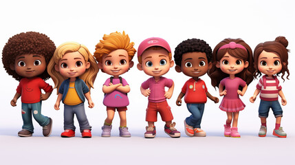 Illustration of children characters on white background,created with Generative AI tecnology.