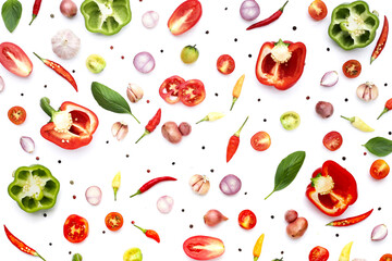Various fresh vegetables and herbs on white background.