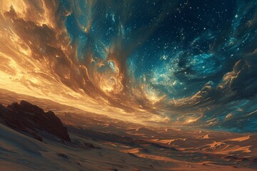 Whirling starry sandstorms, painting the desert sky with a mesmerizing celestial dance - Generative AI - obrazy, fototapety, plakaty