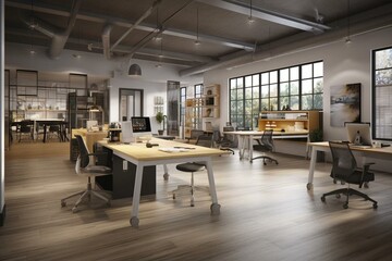 Contemporary collaborative workspace with furniture, tools, and fixtures. Featuring a commercial area. Rendered in 3D. Generative AI