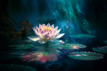 Fototapeta na wymiar Luminous flower in cosmic pond. Serene and potent source. Generative AI