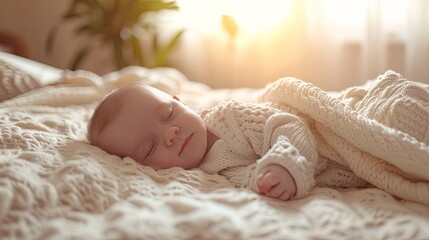 A peaceful newborn baby sleeps soundly on a soft blanket, bathed in the gentle warmth of morning sunlight.