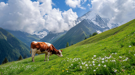 A brown cow with white spots grazing on a mountain slope - obrazy, fototapety, plakaty