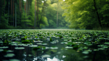 A lake in the middle of the forest with water lily leaves on it - obrazy, fototapety, plakaty