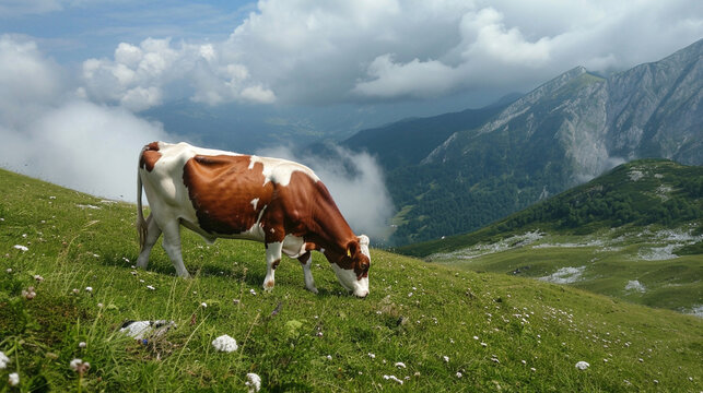 A brown cow with white spots grazing on a mountain slope