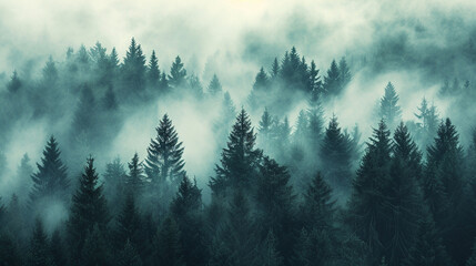 A mysterious forest of fir trees in the fog - obrazy, fototapety, plakaty