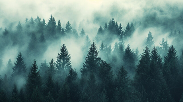 A mysterious forest of fir trees in the fog