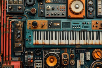 Retro Rhythms: The Vintage Vibes of Analog Audio. Keyboards, synthesizers, guitars, and more. - obrazy, fototapety, plakaty