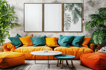 Mock up frames in a large living room interior backdrop, colorful furnishings and many plants