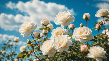 White bush roses on a background of blue sky in the sunlight. Beautiful spring or summer floral background