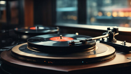 close up of a vinyl record in a turntable