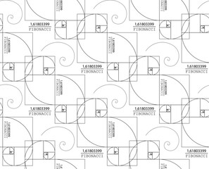 Seamless pattern of Fibonacci Sequence Spirals. Golden ratio. Geometric shapes spiral in golden proportion, minimalist line art wallpaper design. Vector illustration isolated on white background