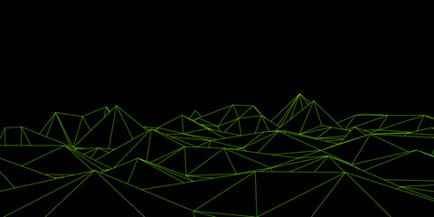 Abstract black and green futuristic 3D map. 3D space landscape background. Vector grid. The retro style of the 80-s, 90-s.