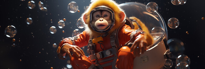 Astronaut Monkey Encountering Bubbles in Space