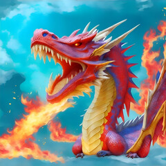 Anime Red Blue and Cream Dragon Surrounded By Fire