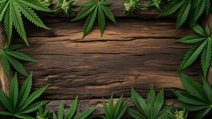 Top view of background of a wooden log with marijuana leaves as a frame - obrazy, fototapety, plakaty
