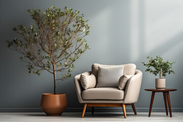 A cozy single sofa chair in soft colors, accompanied by a cute little plant, against a simple solid wall with a blank empty white frame for copy text.