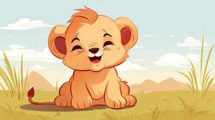 copy space, cute birthday card, sweet handdrawn cartoon style, a very sweet cute lion cub lying in the grass. Beautiful illustration for a children’s book, napkins, nursery. Wildlife, animal theme ill