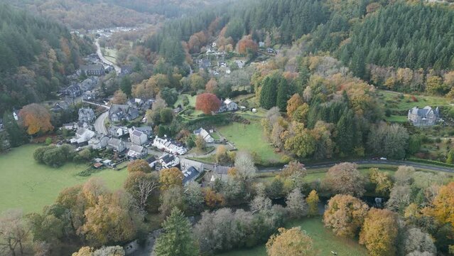 Aerial view of the village of Betws-y-Coed in the Conwy Valley, North Wales