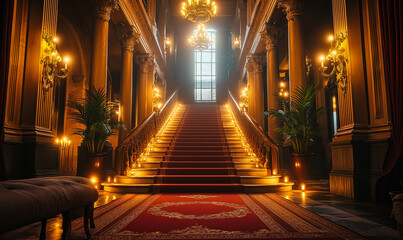 Regal red carpet stairway leading to a grand entrance flanked by ornate columns and glowing lights