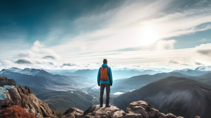 Obraz premium Hiker overlooking mountain range at sunrise