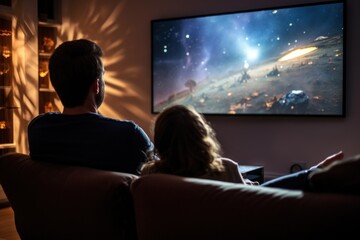 Couple enjoys space documentary on home TV