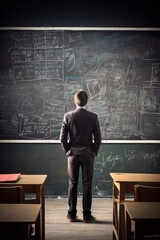 Businessman analyzing complex data on chalkboard in classroom