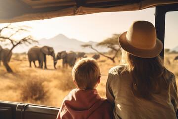Family safari experience observing African elephants - obrazy, fototapety, plakaty