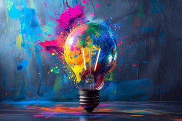 Creative light bulb explodes with colorful paint and colors. New idea, brainstorming concept. Banner. Electric light bulb exploding with paint and glass, a creative idea. Business and technology. - obrazy, fototapety, plakaty