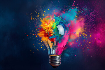 Creative light bulb explodes with colorful paint and colors. New idea, brainstorming concept. Banner. Electric light bulb exploding with paint and glass, a creative idea. Business and technology. - obrazy, fototapety, plakaty