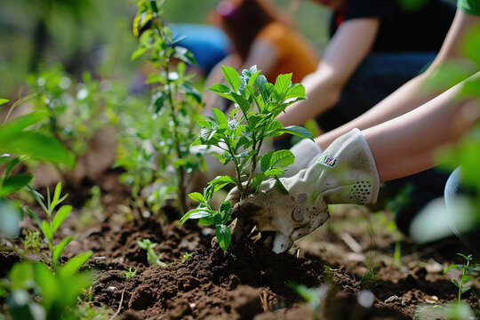  groups planting saplings in various natural settings, emphasizing the importance of reforestation efforts.