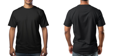 Set of plain black color t-shirt template front and back view mock up isolated on a transparent background - obrazy, fototapety, plakaty